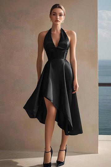 Satin Halter Asymmetrical Black Tie Dress